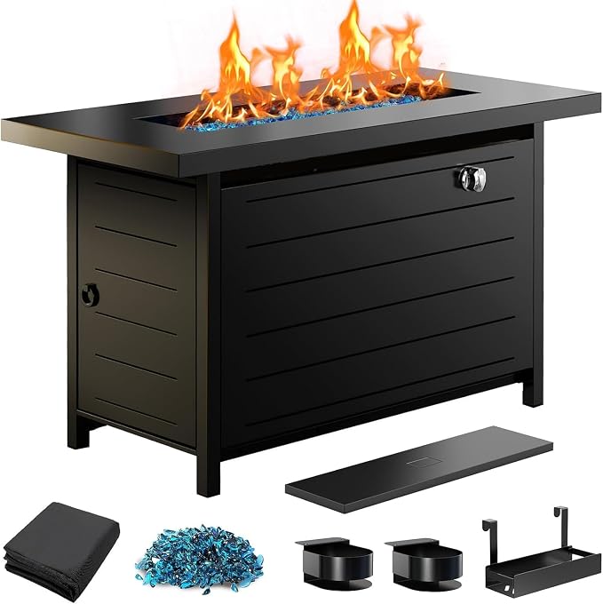Ciays 43″ Fire Pit Table with Glass Beads & Lid, CSA-Certified Gas Fire Pit with Cup Holders, Hanging Shelf & Nylon Cover, Large Outdoor Fire Pit for Patio/Porch/Deck, 60,000 BTU Heat Output, CIFPT9B
