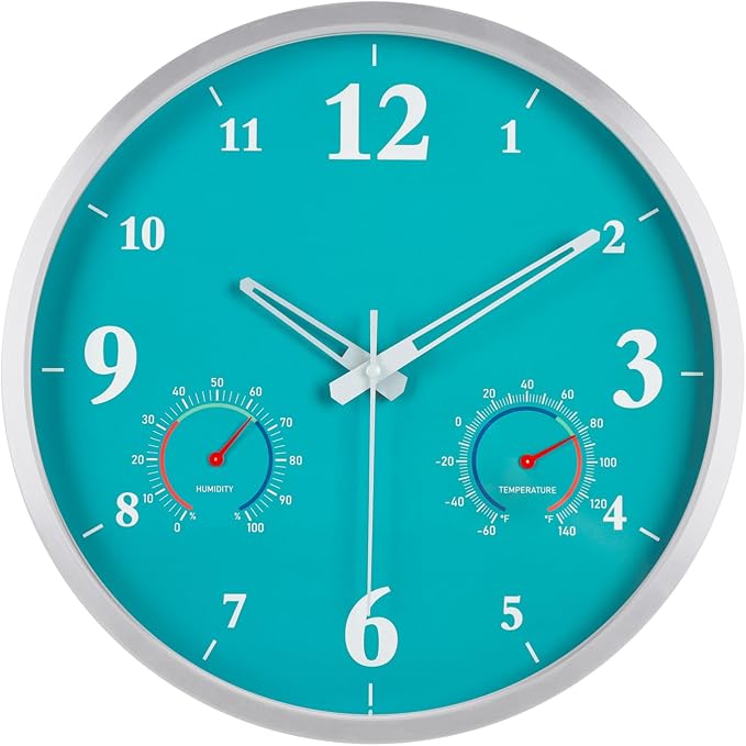 Outdoor Clock Waterproof with Thermometer and Hygrometer Combo, Outdoor Metal Wall Clock for Garden Patio Pool 12 Inch Blue