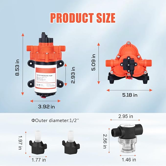 DC 12V RV Water Pump 3.5GPM 45PSI, 12 Volt On Demand Water Pressure Pump with Pressure Switch Quiet Self-priming Portable Diaphragm Pump for RV Camper Marine Garden Yacht Boats irrigation Rain Barrel