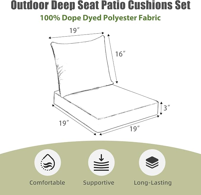 Favoyard Outdoor Deep Seat Patio Cushions Set, 19 x 19 Inch Rainproof & 3-Year Fade Resistant Patio Furniture Cushion, Removable Bottom & Back Cushion with Ties for Yard, Garden, Teardrop Blue