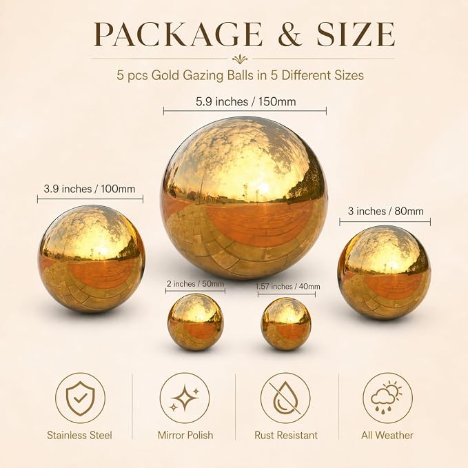 Gazing Ball Garden Mirror Outdoor - Outside Decorative Globe, Gold 5Pcs Mix | Metal Polished Reflective Sphere, Stainless Steel Hollow Decoration Ornament for Home Pond Swimming Pool Housewarming Gift