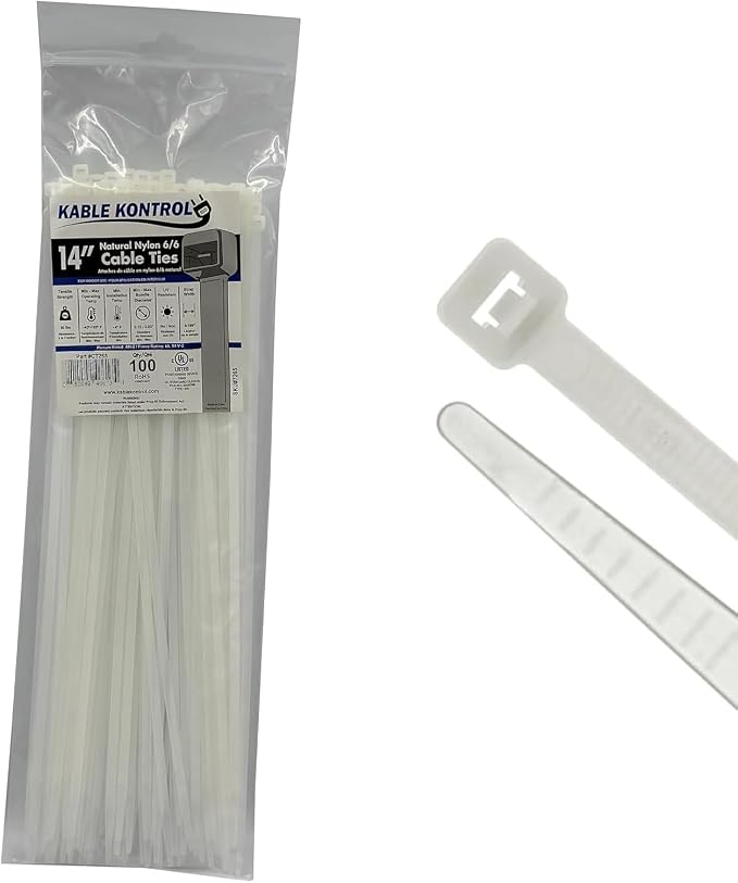 Kable Kontrol Cable Zip Ties Natural White 100 Pcs 14 Inch, 50 Lbs Tensile Strength, Self-locking Natural Nylon Clear Plastic Wire Ties wraps for Indoor or Outdoor Use