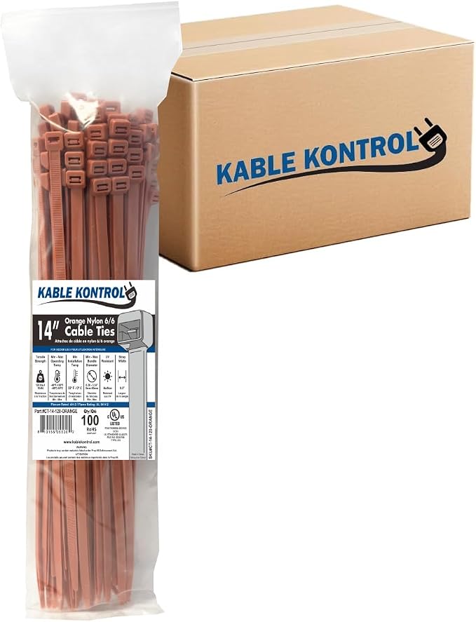 Kable Kontrol Orange Zip Ties Bulk Pack 14 Inch 3500 Pcs, 120 Lbs Tensile Strength, Self-locking Nylon Colored Cable Ties Wire Wraps for Indoor or Outdoor Use