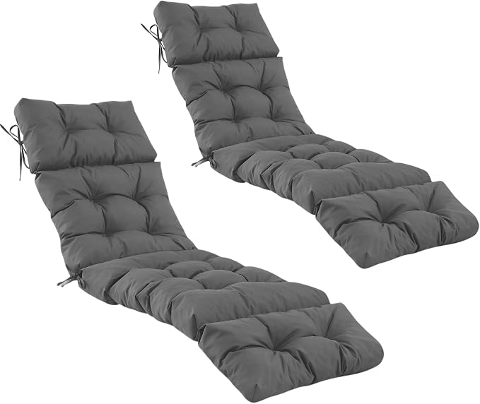 2 Pcs Chaise Lounge Cushions Outdoor,Waterproof & Fade Resistant Patio Lounge Chair Cushions for Outdoor Furniture, Chaise Cushion with Ties for Pool, Lawn and Beach, 75.1x22.8x4.7 Inch, Dark Grey