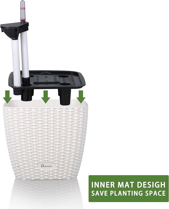 Dexceder 9x8 Self Watering Planter (Ivory White Rattan) | Inner Mat Design, Thickened Table Flower Plant Pot with Water Level Indicator Indoor Outdoor