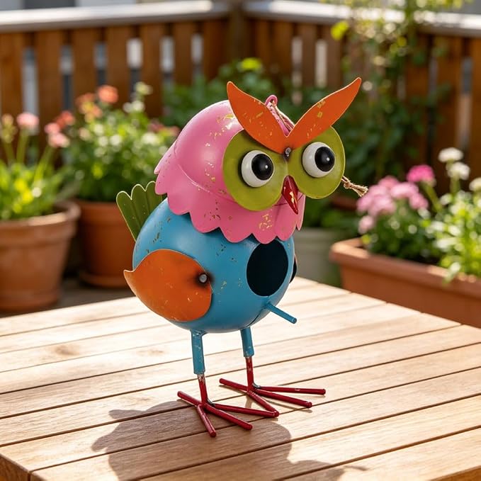Metal Owl Garden Statues Yard Art Animal Figurines | Hanging Birdhouse Owl Figure Outdoor Decor Yard Decoration Lawn Ornaments Decorative Bird House for Outside