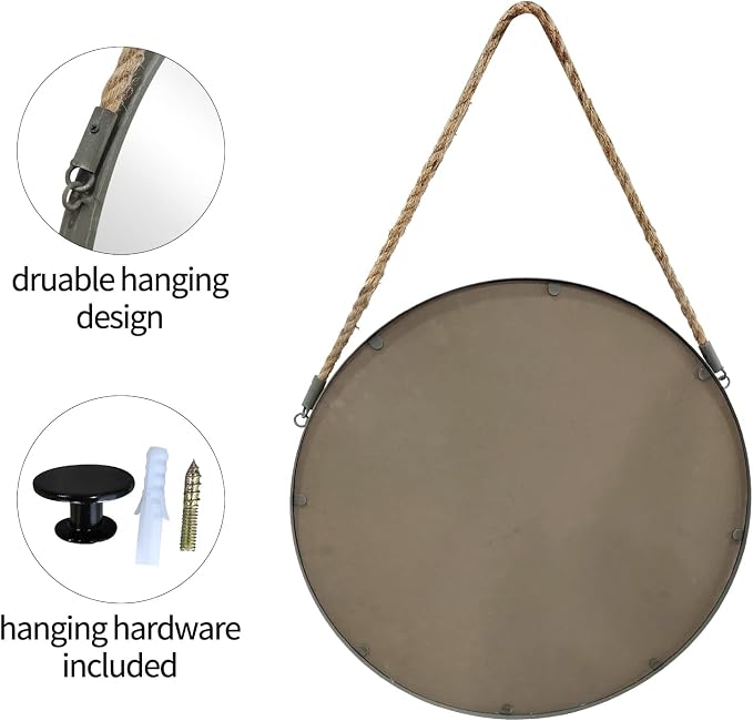 POZINO 20 Inch Round Mirror with Grey Metal Frame, Hanging Mirror for Wall | Circle HD Mirror with Jute Rope, Anti-Rust, Farmhouse Decorative Wall Mirror for Entryway, Living Room, Fireplace, Bathroom