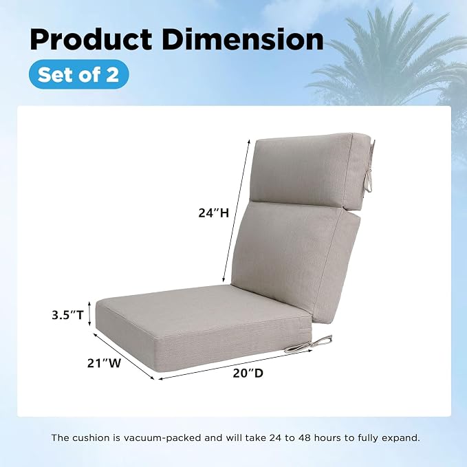 Sunbrella Outdoor Patio Chair Cushions 44x21x3.5 inch, Set of 2 Thicken Comfy Cushions for Rocker Non Slip Fade Shield Water Repellent High Back with Ties, Specrtum Pebble