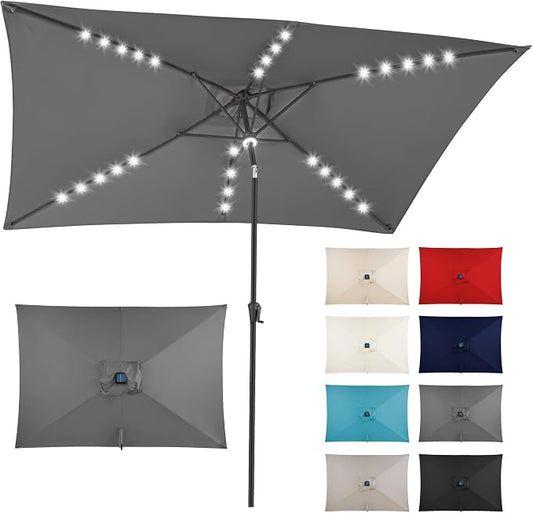 6.5x10 FT LED Lighted Rectangular Solar Patio Umbrella, Rectangular Solar Umbrella Outdoor with Center Ring Light 28 LED Lights, Rectangle Table Umbrella for Deck, Pool, Beach, Anthracite