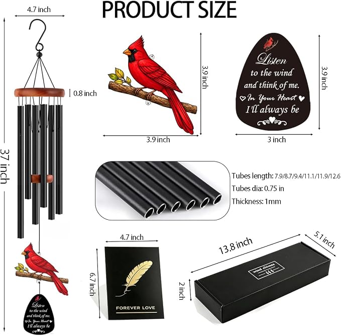 Sympathy Wind Chimes for Loss of Loved One, 37" Memorial Cardinal Wind Chimes for Outside, Bereavement Gift for Loss of Mother Father Husband Condolence Remembrance Garden Decor