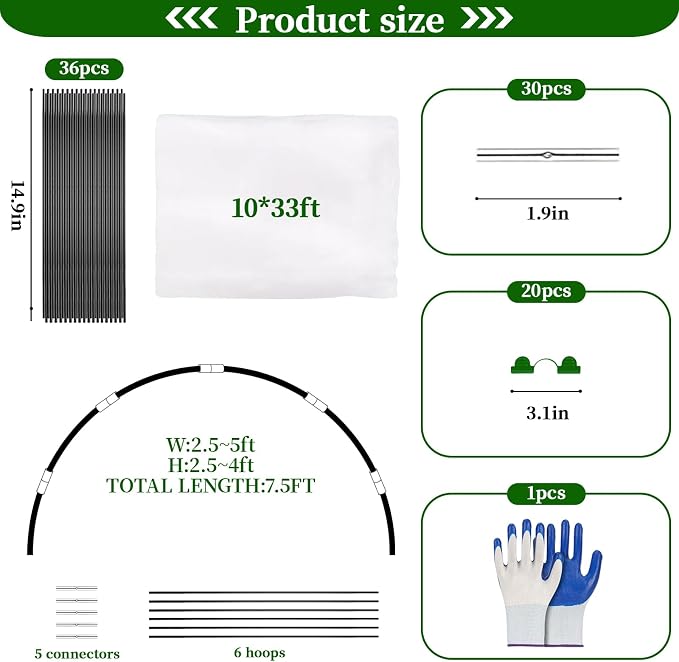 Garden Netting Kit for Raised Beds 10 x 33 FT Strong Mesh Netting 6 Sets of Fiberglass Garden Hoops Inscet Barrier Protection Net for Vegetable Plant Fruit Flowers