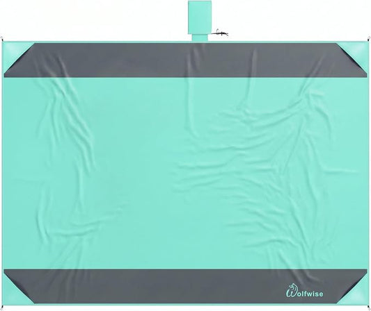 Wolfwise 78" × 108" XXL Beach Blanket, Waterproof & Sandproof Picnic Mat with 4 Sand Pockets & 4 Stakes, Windproof Outdoor Camping Beach Mat, Lightweight, Fits 6 People, Green