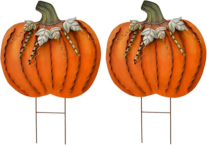 26" H Metal Pumpkin Yard Stake Outdoor Fall Decor Rustic Pumpkin Garden Stake Autumn Yard Sign Pumpkin Lawn Ornaments for Porch Garden Home Patio Harvest Thanksgiving Halloween Decorations