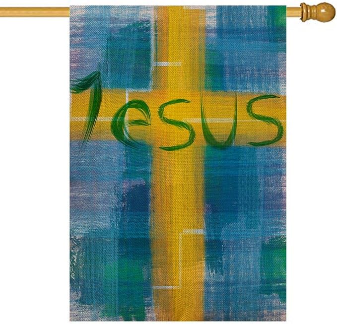 EMMTEEY Easter Outdoor Garden Flag Double Sided 28X40 Inch Yard Decor Garden Flags Jesus Lettering Design Housewarming Modern Blue Yellow Garden Yard Flag