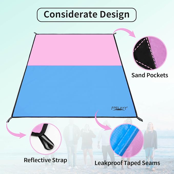 Frelaxy Pocket Picnic Blanket, Waterproof Sandproof Beach Mat, Compact Camping Tarp for Festivals, Hiking, Travel, Outdoor Recreation (Pink & Blue, 35'' x 57'')