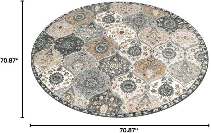 Lahome Moroccan Washable Round Area Rug, Soft Vintage Circle Round Rugs 6ft | Dining Room Bedroom Ultra-Thin Non-Slip Distress Large Circle Carpet for Living Room Nursery Elise, Grey