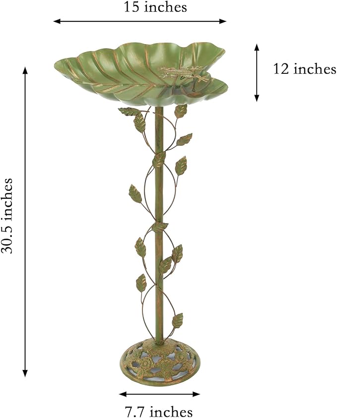 15" L*30.5" H Cast Iron Pedestal Bird Bath, Metal Bird Baths for Outdoors, Green Birdbath, Free Standing Bird Feeder Seed Tray Garden Yard Decor