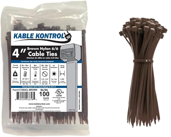 Kable Kontrol Brown Zip Ties 4 Inch 100 Pcs, 18 Lbs Tensile Strength, Self-locking Nylon Colored Cable Ties Wire Wraps for Indoor or Outdoor Use