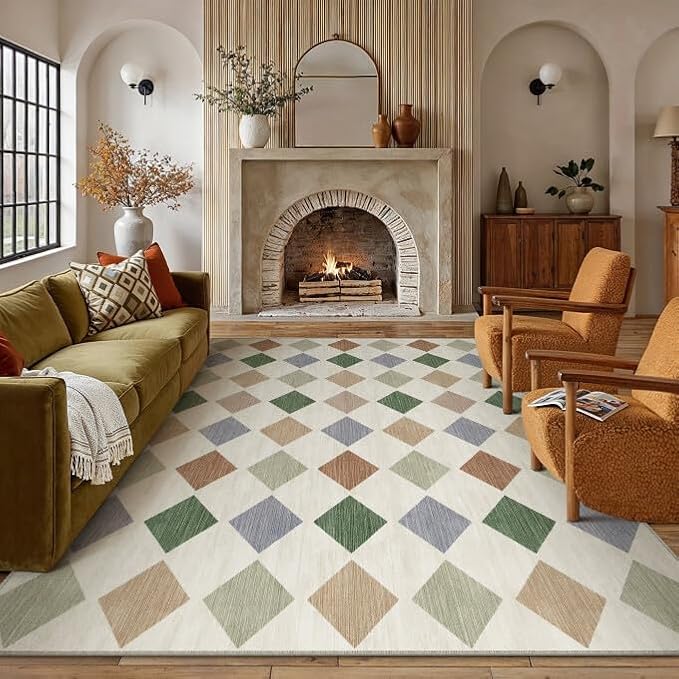 6x9 Washable Area Rug Living Room Large Non Slip Checkered Rugs | Soft, Low Pile, Easy Clean, Colorful, Diamond Pattern for Bedroom, Office, Dining Room, Kids Room, Modern Neutral Decor