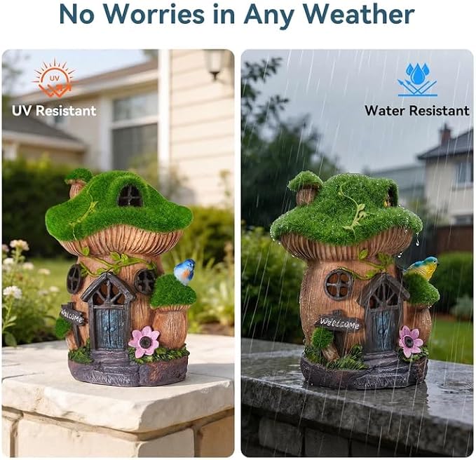 Mushroom Fairy Garden House, Solar Fairy House for Outside Decor with Bird, Outdoor Garden Statues for Yard, Lawn, Balcony,Patio, Outdoor Figurine Lights Gifts for Mom Women