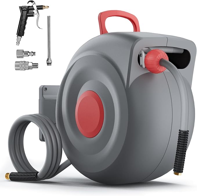 Retractable Air Hose Reel, 3/8" x 65ft Air Hose with Air Blow Gun, Adjustable Length Lock, 180° Rotating Wall Mount Air Tool for Garage and Workshop