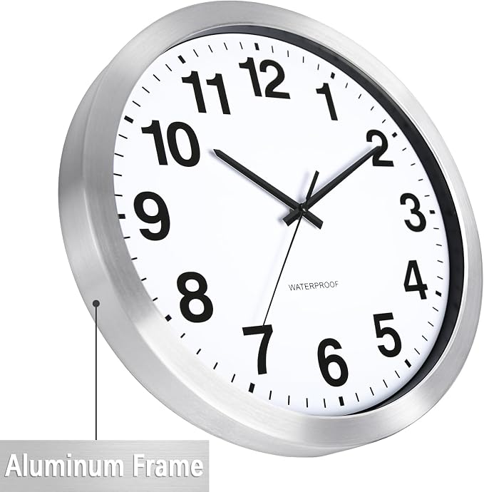 Caysie 16 Inch Sealed Indoor Outdoor Clocks Waterproof, Silent Battery Operated Quartz Metal Wall Clock for Patio Pool Bathroom Home (Silver)