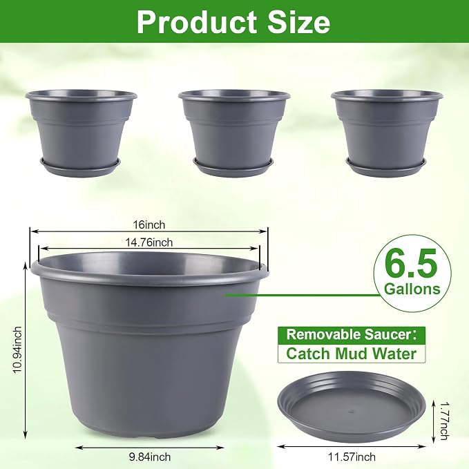 Myfeegoin 16-inch-Plant-Pots, 4 Pack Large Planters for Outdoor Plants, Plastic Flower Pots Indoor with Drainage Holes & Trays, Classic Garden Pot Container for House