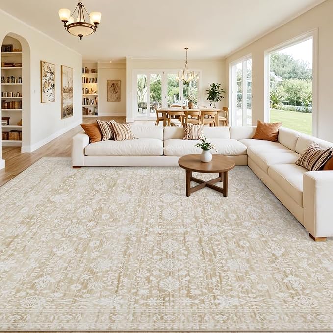 8x10 Area Rugs Living Room: Bedroom Washable Carpet Natural Beige | Large Vintage Boho Indoor Decor Carpets Soft Nursery Farmhouse Dining Room Office Floor Non-Slip Low Pile Under Table Rug