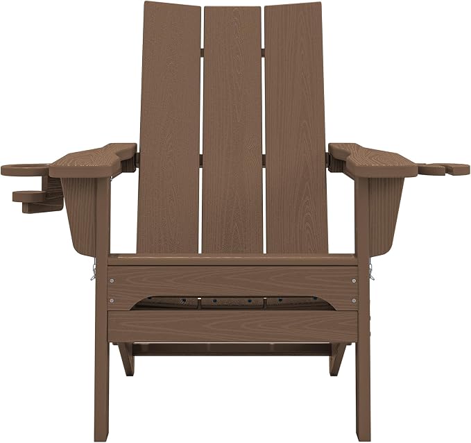SERWALL Modern Adirondack Chair, Folding Adirondack Chair with Cup Holders, Outdoor HDPE Fire Pit Chair for All Weather Use, Brown