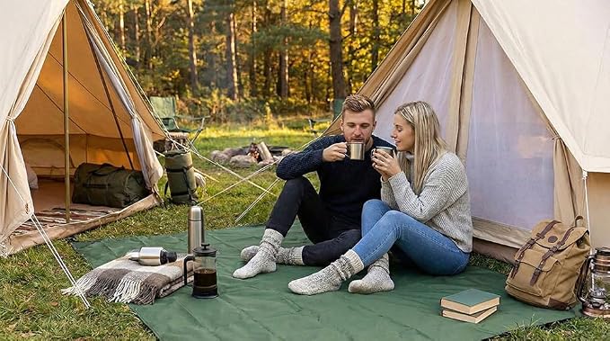 Outdoor Pocket Blanket, 55"x79" Waterproof Foldable Compact Small Picnic Blanket, Ultralight Tarp for Camping, Festival, Beach, Hiking, Backpacking, Travel, Stakes Included (Army Green)