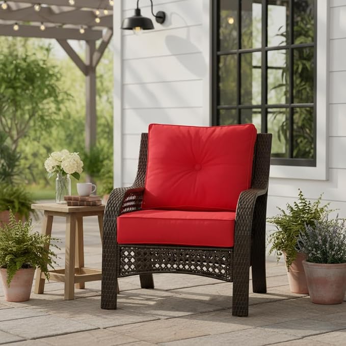 Sunbrella Deep Seat Cushion Set – Seat & Back Cushions for Patio Chairs, Sofas & Loveseats – Fade Resistant Outdoor Fabric, Ties, Zippered Cover, Cord Trim, Canvas Jockey Red