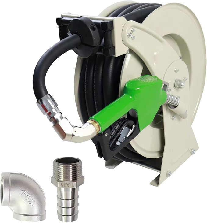 3/4"x50' Fuel Hose Reel Retractable & Fuel Nozzle & Fuel Hose Swivel,Spring Driven Diesel Hose Reel,Inlet 1" NPT Thread Swivel Oulet 3/4" NPT Thread Swivel,Heavy Duty Steel Construction Reel
