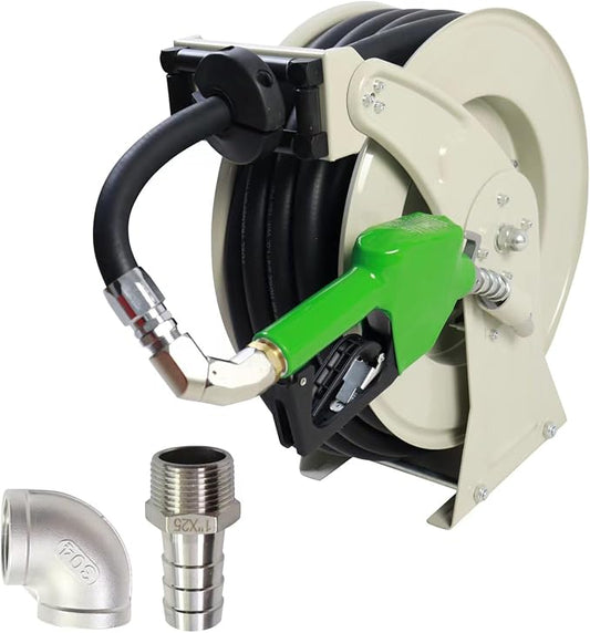 3/4"x50' Fuel Hose Reel Retractable & Fuel Nozzle & Fuel Hose Swivel,Spring Driven Diesel Hose Reel,Inlet 1" NPT Thread Swivel Oulet 3/4" NPT Thread Swivel,Heavy Duty Steel Construction Reel