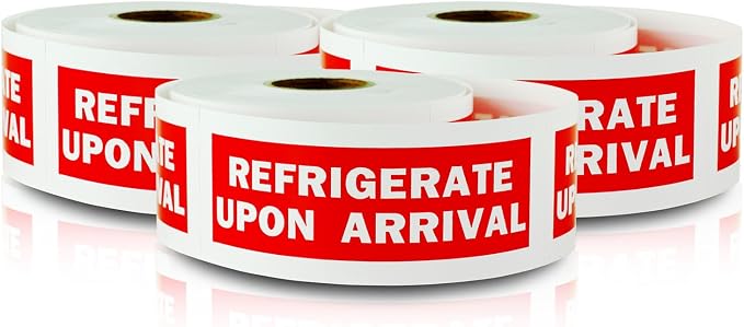 Refrigerate Upon Arrival Stickers, 1.5 x 4 inch, Red, 900 Labels | For Perishable Items, Fruits or Freight Forwarding