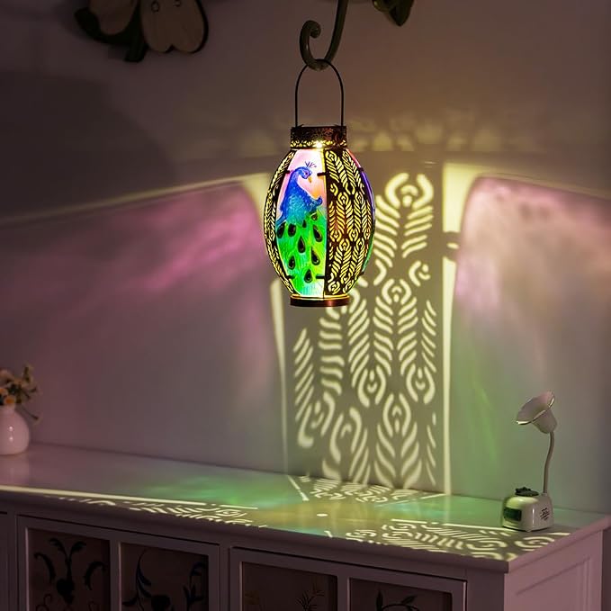 Peacock Solar Lantern Outdoor Lights, Hanging Solar Lanterns Waterproof Lamp Tasktop Garden Porch Yard Decor, Birthday Gifts Light for Women Mom Grandma