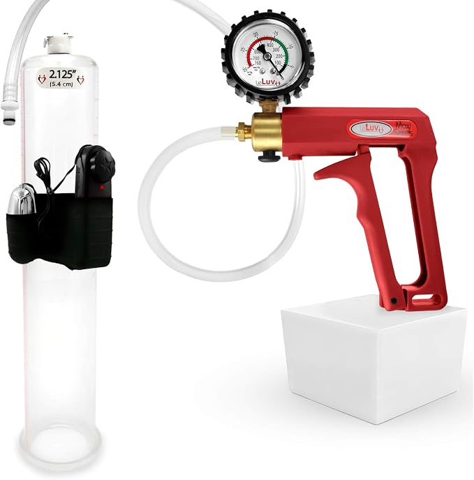 LeLuv Vibrating Penis Pump Maxi Red Handle + Protected Gauge - Bundle with Clear Hose - 12 inch Length x 2.125 Inch Diameter Cylinder