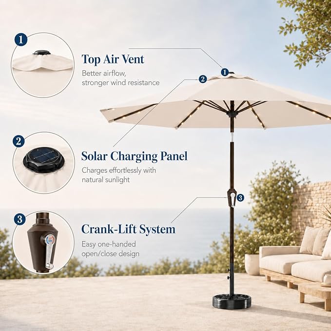 10FT Solar Patio Umbrella with Lights, Outdoor Table Market Umbrella with 32 LED Lights, 8 Sturdy Ribs, Push Button Tilt and Crank for Pool, Deck and Garden, UV-Resistant