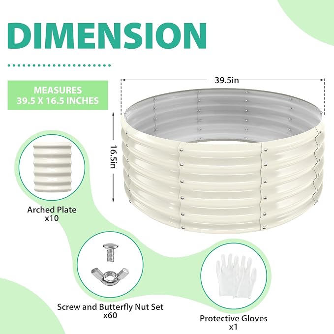 YSEJOMP 17" Tall Round Outdoor Garden Raised Garden Bed Kits-0.8MM Thick Metal Raised Planter Bed/Ground Planter Box for Variety of Flowers,Herbs,Vegetables,Trees (Cream White, 40 Dia X 16.5 inches)