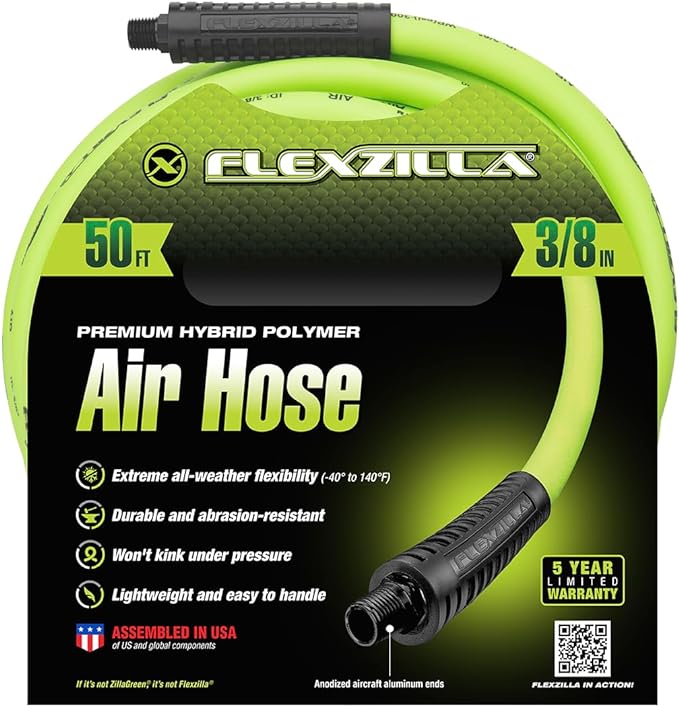 Flexzilla Air Compressor Hose, 3/8 in. x 50 ft., 1/4 in. MNPT Fittings, No-Kink, All Weather, Lightweight, Premium Hybrid Polymer, 300 PSI, ZillaGreen