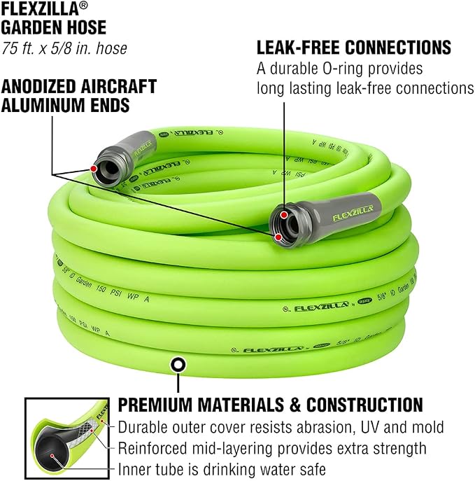 Flexzilla Garden Hose with SwivelGrip, 5/8 in. x 75 ft., ZillaGreen & Garden Hose 5/8 in. x 75 ft, Heavy Duty, Lightweight, Drinking Water Safe, ZillaGreen - HFZG575YW-E