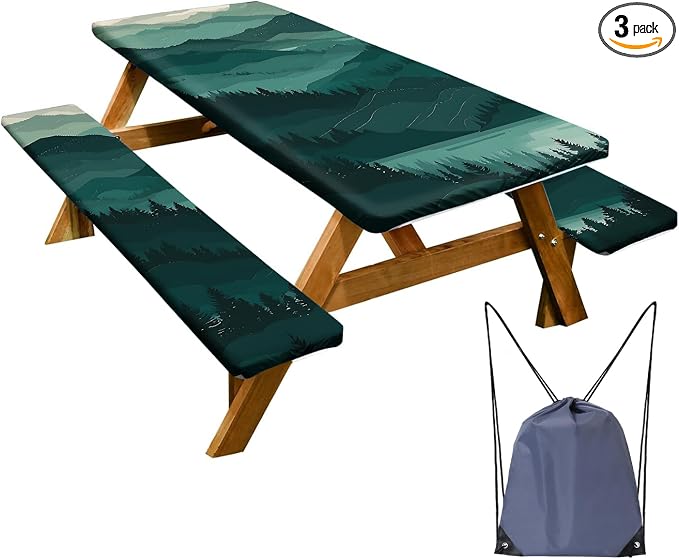Picnic Table Cover with Bench Covers Set of 3 - Layered Landscape Mountain Forest Tablecloth, Elastic Fitted for 6 Ft Tables, Washable Polyester Cover for Camping, Indoor & Outdoor