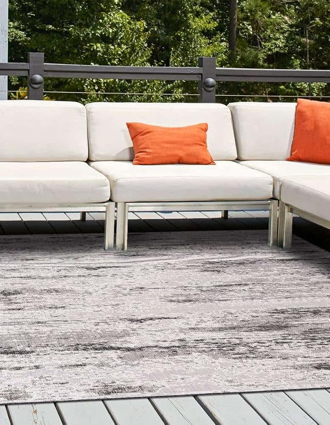 Unique Loom Outdoor Modern Collection Area Rug - Cartago (10' Square, Charcoal/ Ivory)