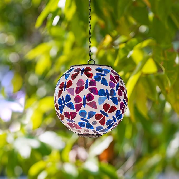 Solar Hanging Lanterns Red Blue Glass Mosaic Gazing Ball Globe Hanging Lantern Lights Outdoor Waterproof for Patio Garden Yard Home Decor (Colorful Butterfly)