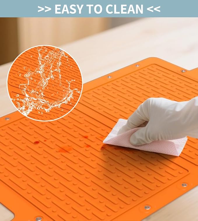 Large Silicone Grill Mat, Heat Resistant Non-Slip BBQ Mat, Foldable Grill Side Shelf Pad with Snap Buttons, Food-Grade, Convertible Storage Bag for BBQ Utensils & Accessories, Orange