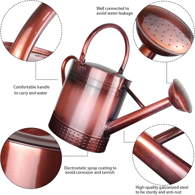 2 Gallon Meltal Garden Watering Can Removable Spout, Galvanized Steel Large Water Can with Embossed Design for Outdoor Indoor Plants (Copper, 2 Gallon)