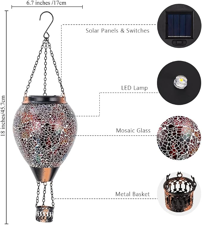 Hot Air Balloon Solar Lantern with Flame | Handmade Glass, Flickering Flame, Waterproof Outdoor Lantern, for Patio, Garden, Porch, Red & Brown