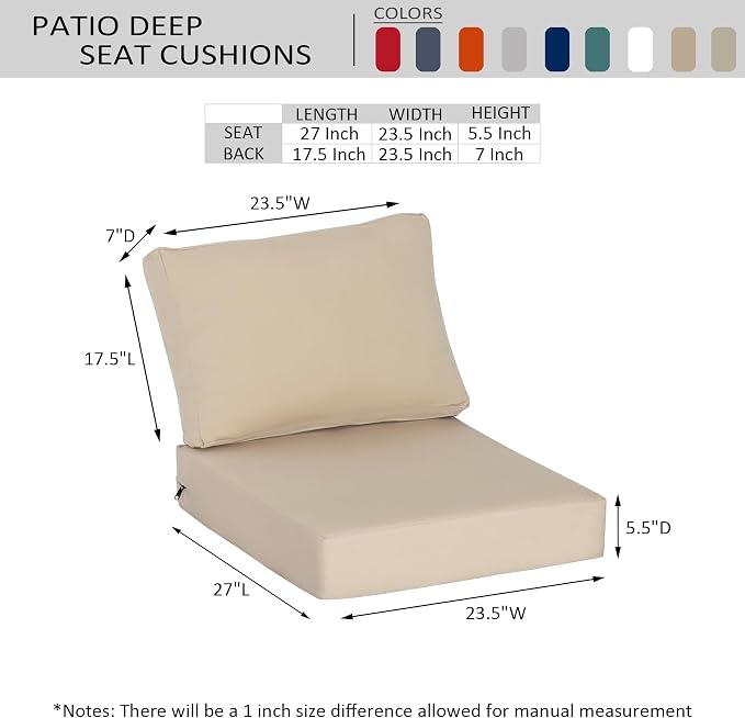Sunbrella Outdoor Patio Chair Cushions Set, 23.5"x27" Outdoor Deep Seat Patio Cushions Set of 2,Water-Resistant Weather Resistant with YKK Zippers,Sunbrella Canvas Antique Beige