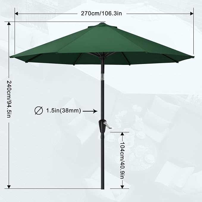 MASTERCANOPY 9FT Patio Umbrella with Push Button Tilt and Crank, Outdoor Market Umbrella with 8 Sturdy Ribs, UV Protection & Waterproof for Garden, Deck, Backyard, Pool (Forest Green)