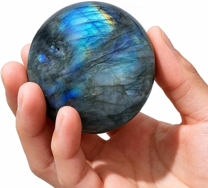 2-2.4 inch Natural Labradorite Crystal Ball with Stand, Hand Polished Iridescent Flash Stone Sphere, Reiki Healing Gemstone Sphere, Feng Shui Home Desktop Decor, Spiritual Meditation Gift