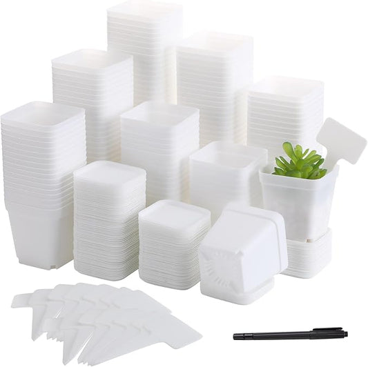 140 Pcs 3 Inch Plastic Plant Pots Square Seedling Nursery Pots Reusable Small Plant Pots with Saucers 140 Pcs Waterproof Plant Labels T Type Plant Tags Marking Pen for Garden Balcony Office (White)